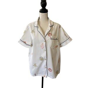 Print Fresh Pajama Top Coastal Seashell Design Embroidered Sleep Shirt Medium